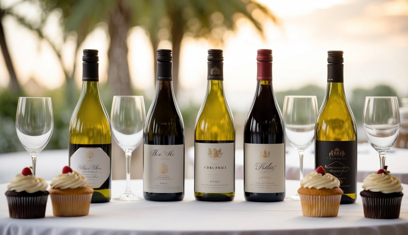 A table set with five bottles of wine, each with a different label, surrounded by cupcakes and glasses