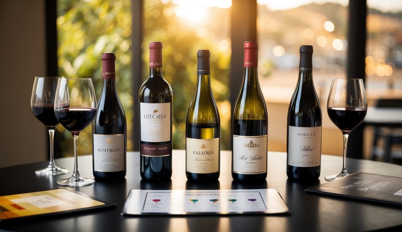 A table set with five different wine bottles, each representing a different variety, surrounded by wine glasses and a wine tasting guide