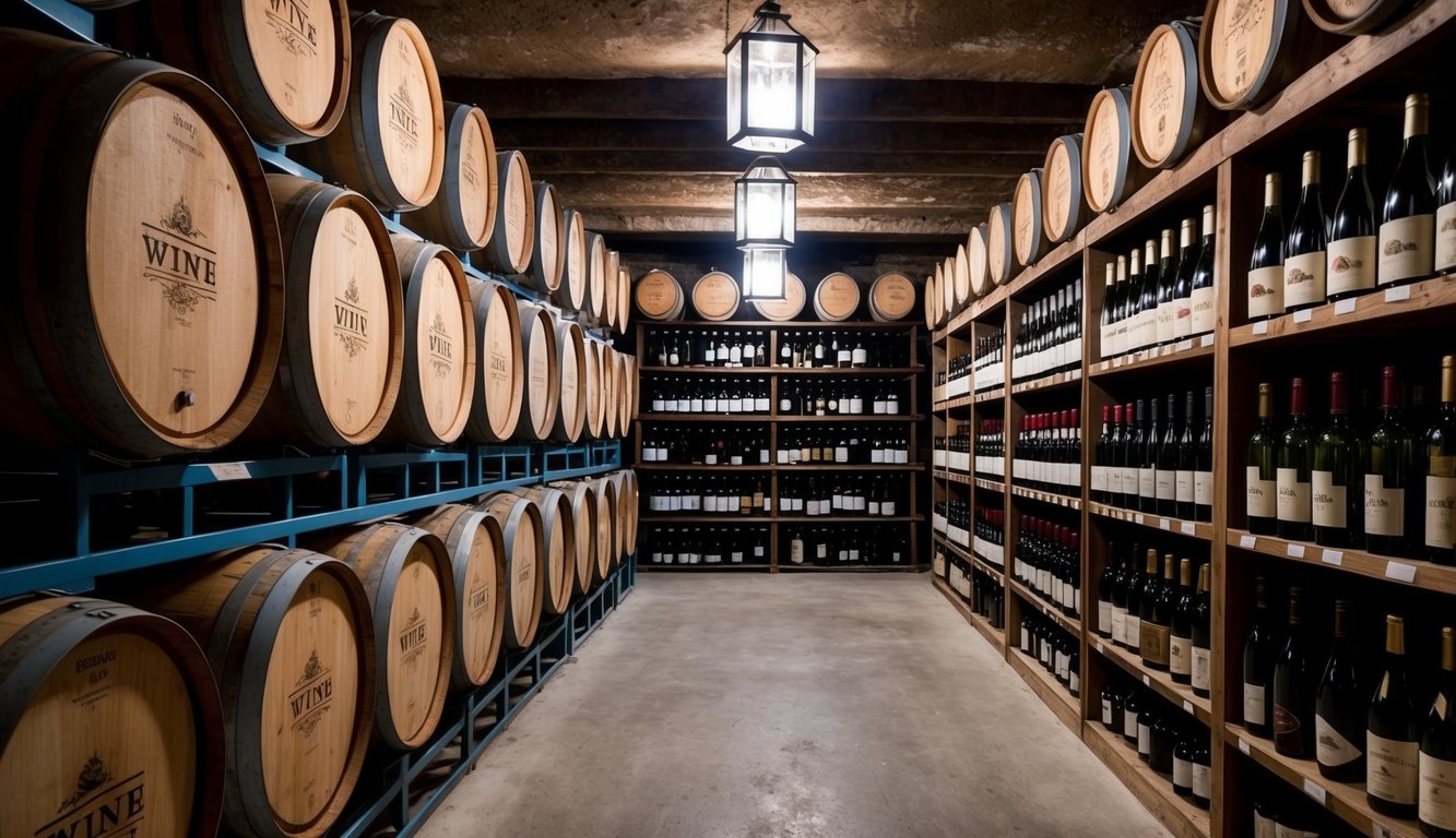 A rustic wine cellar with rows of aged barrels, dimly lit by hanging lanterns, and shelves lined with bottles bearing classic wine brand labels