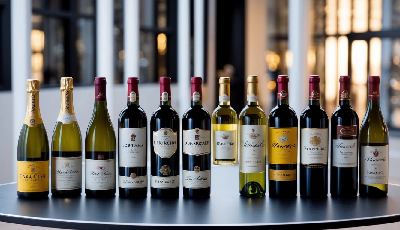 A grand display of ten classic wine bottles, each representing a renowned brand, arranged on a sleek, modern table