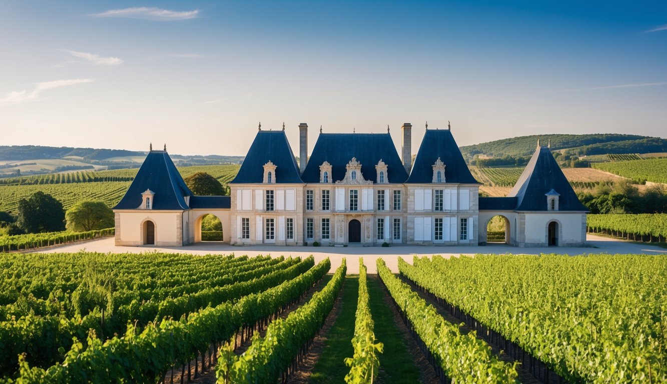 A grand château surrounded by lush vineyards, with a backdrop of rolling hills and a clear blue sky