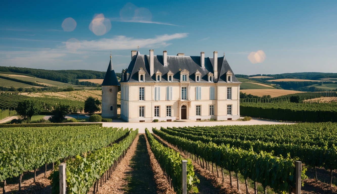 A grand château surrounded by vineyards, with a backdrop of rolling hills and a clear blue sky