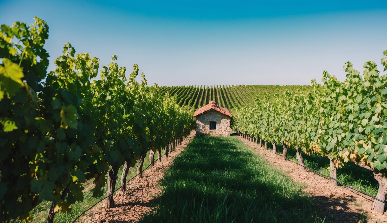 A rustic vineyard with rows of grapevines stretching into the distance, under a clear blue sky. A small stone building with a red-tiled roof sits nestled among the vines