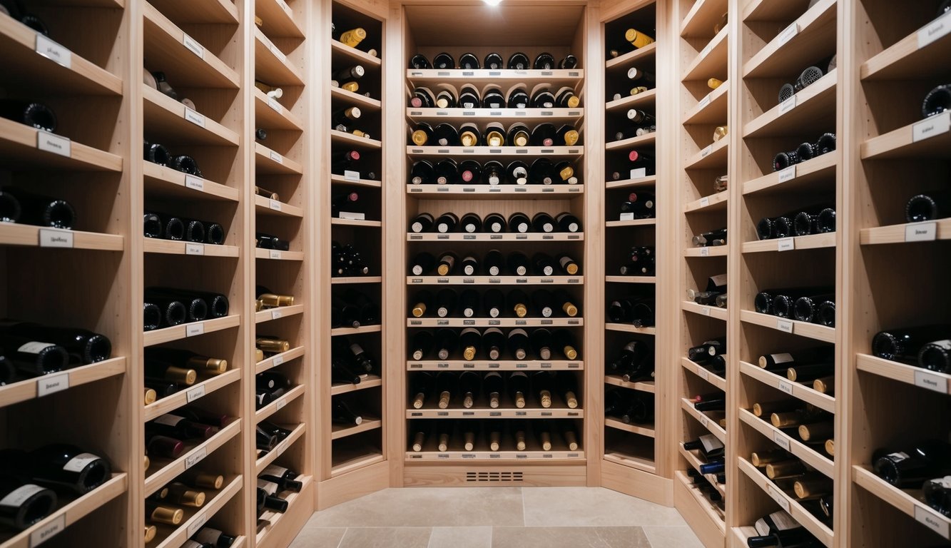 A wine cellar with labeled shelves for seasonal organization. Temperature control and proper lighting for storage