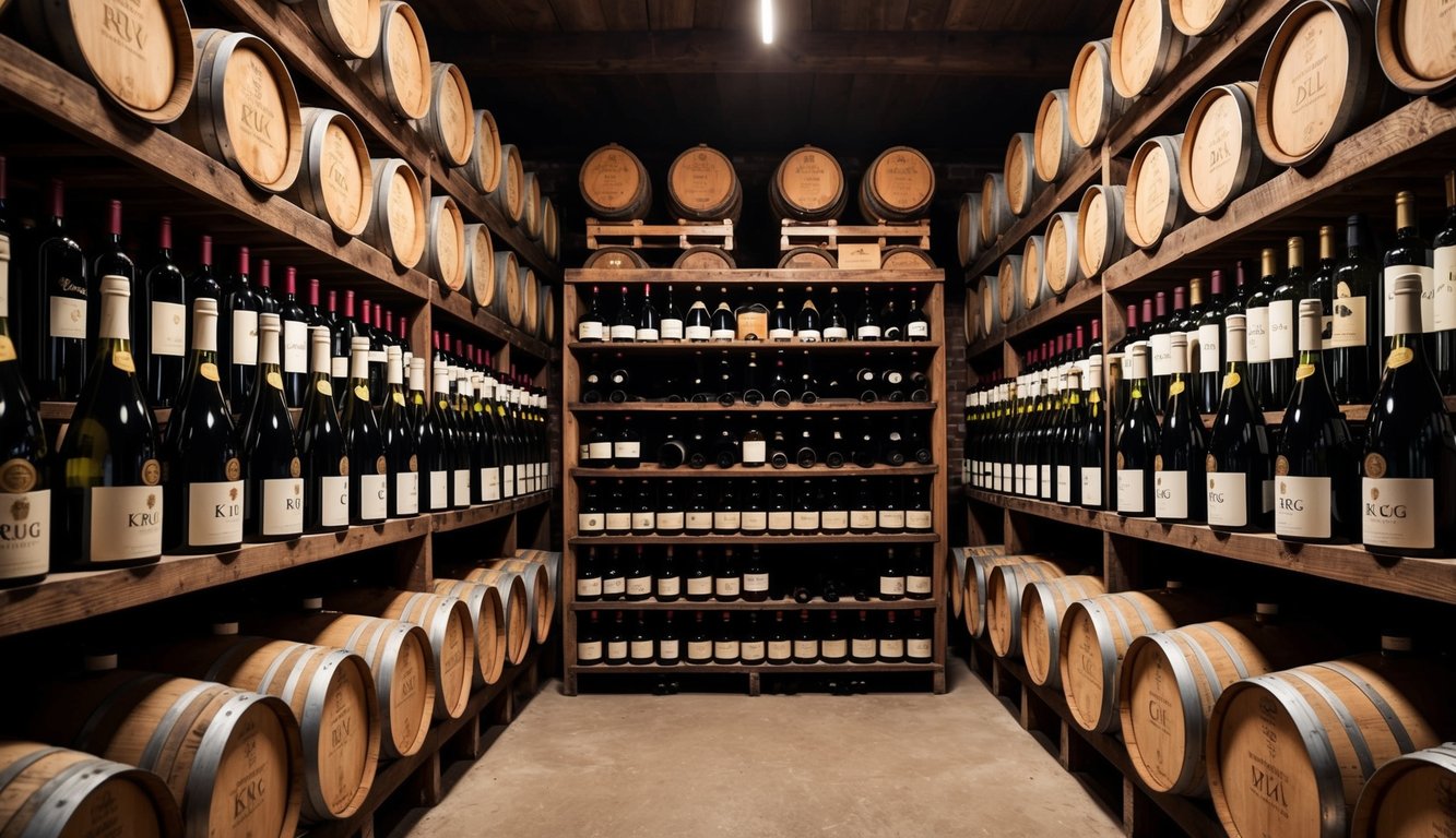 A rustic wine cellar with rows of aged wooden barrels and shelves stacked with bottles of Krug Grande Cuvée and other classic wine brands