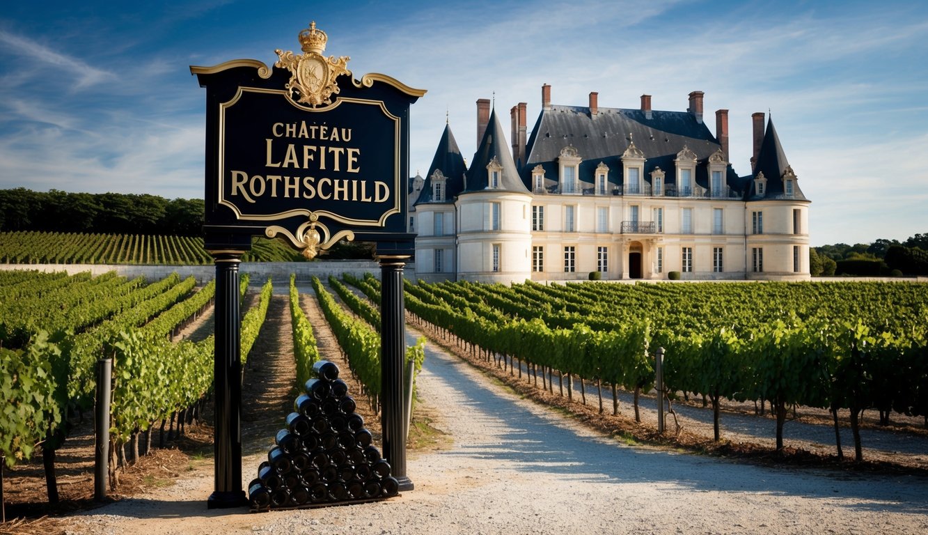 A grand château surrounded by vineyards, with a prominent sign displaying "Château Lafite Rothschild" and bottles of wine stacked neatly in a cellar