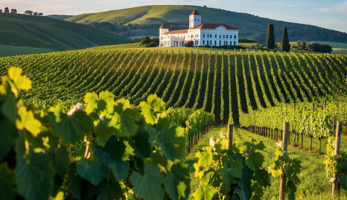 A vineyard with rolling hills, lush green grapevines, and a grand winery building nestled in the background