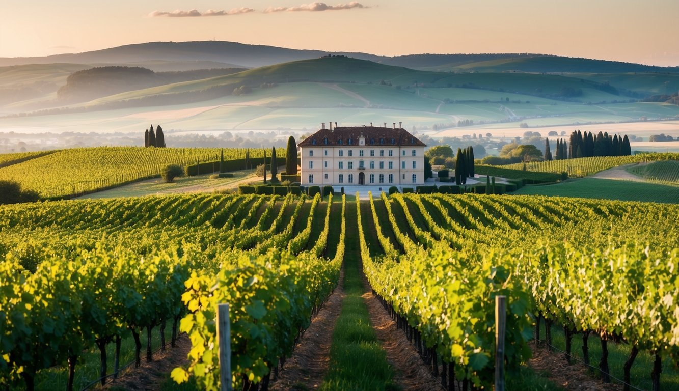 A vineyard with rolling hills, lush grapevines, and a grand chateau in the distance, surrounded by the beauty of the Italian countryside