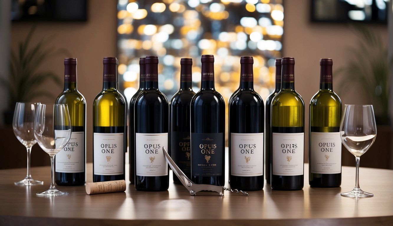 A table with 10 bottles of Opus One wine arranged in a row, each with a distinct label and surrounded by elegant wine glasses and a corkscrew