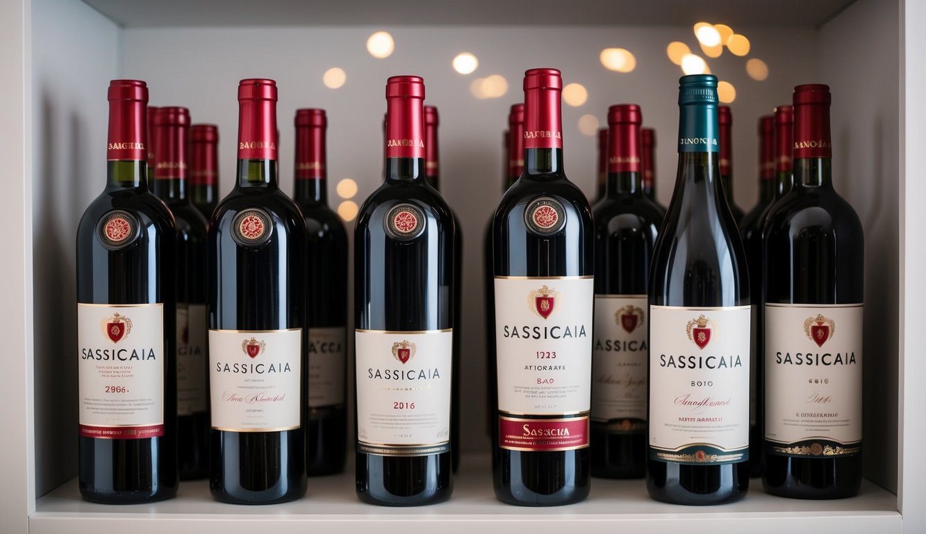 A shelf displaying ten bottles of Sassicaia wine brands