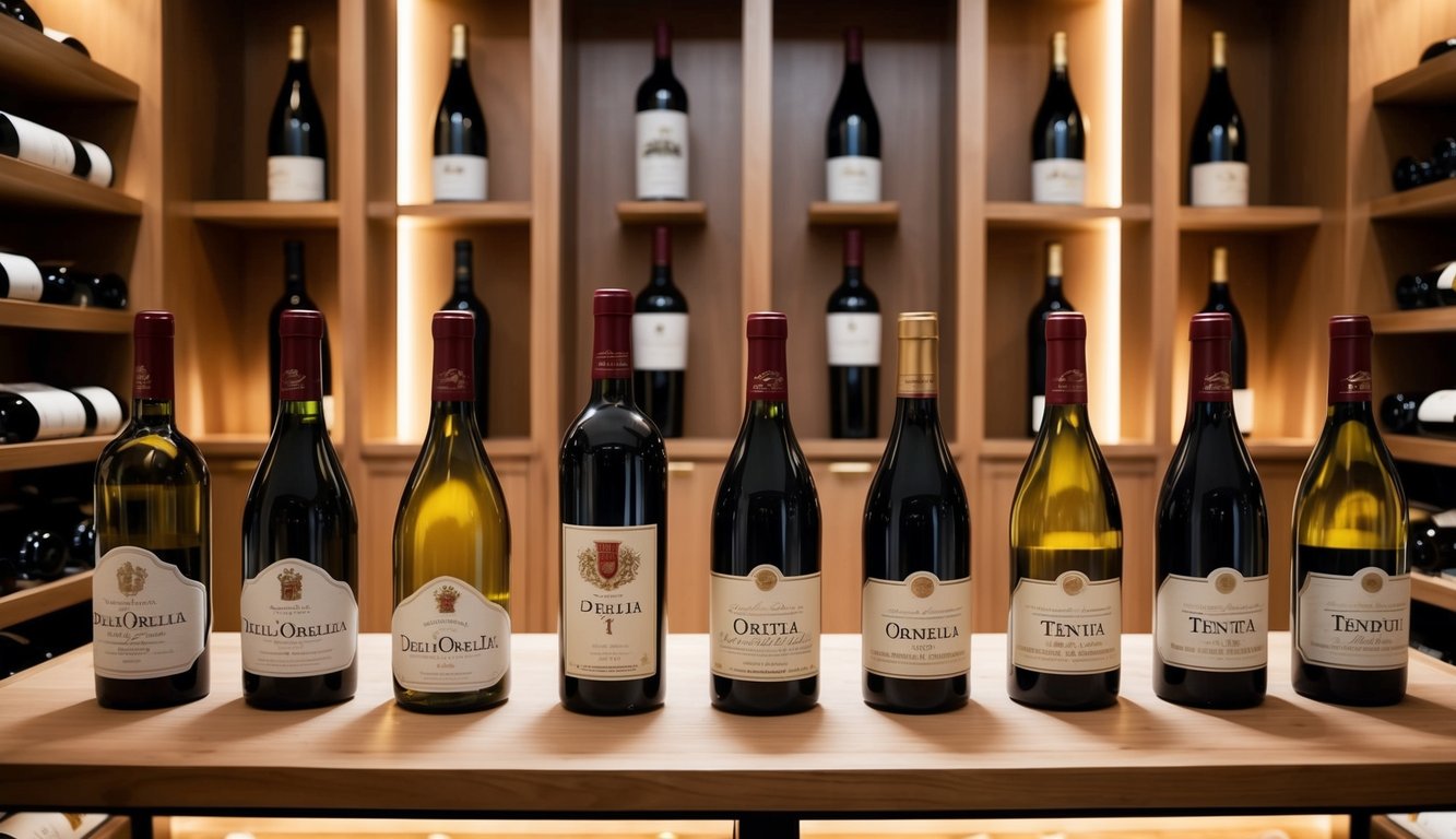 A luxurious wine cellar with ten prestigious wine bottles on display, including Tenuta dell'Ornellaia, set against a backdrop of elegant wooden shelves and soft lighting