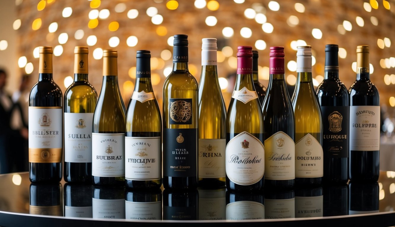 A table with 10 bottles of wine from different brands, each with distinct labels and colors, arranged in a stylish and inviting display