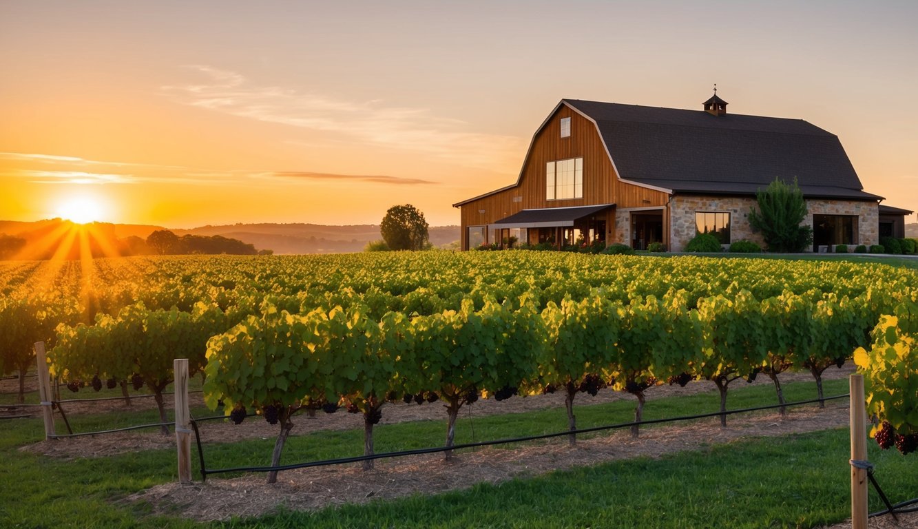 A lush vineyard with rows of grapevines, a rustic winery building, and a warm, golden sunset casting a glow over the landscape