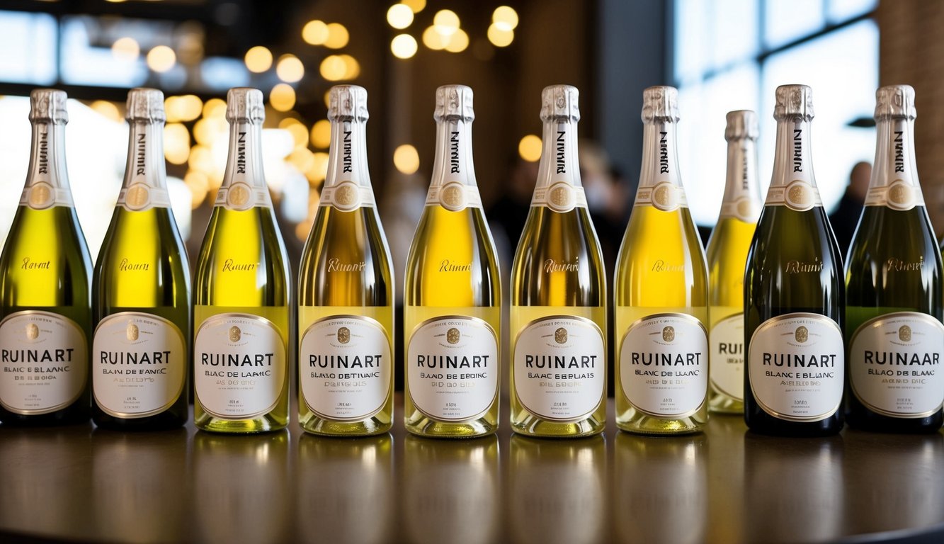 A table with 10 bottles of Ruinart Blanc de Blancs arranged in a row, each bottle labeled with the brand name