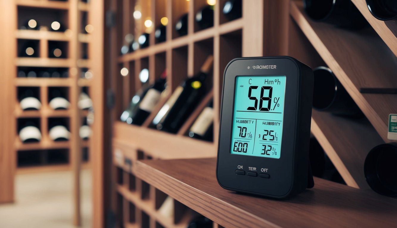 A digital hygrometer displays optimal humidity levels in a climate-controlled wine cellar