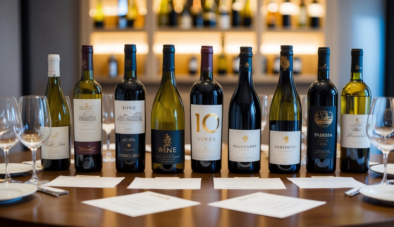 A table set with 10 different wine bottles, each with unique labels, surrounded by wine glasses and tasting notes