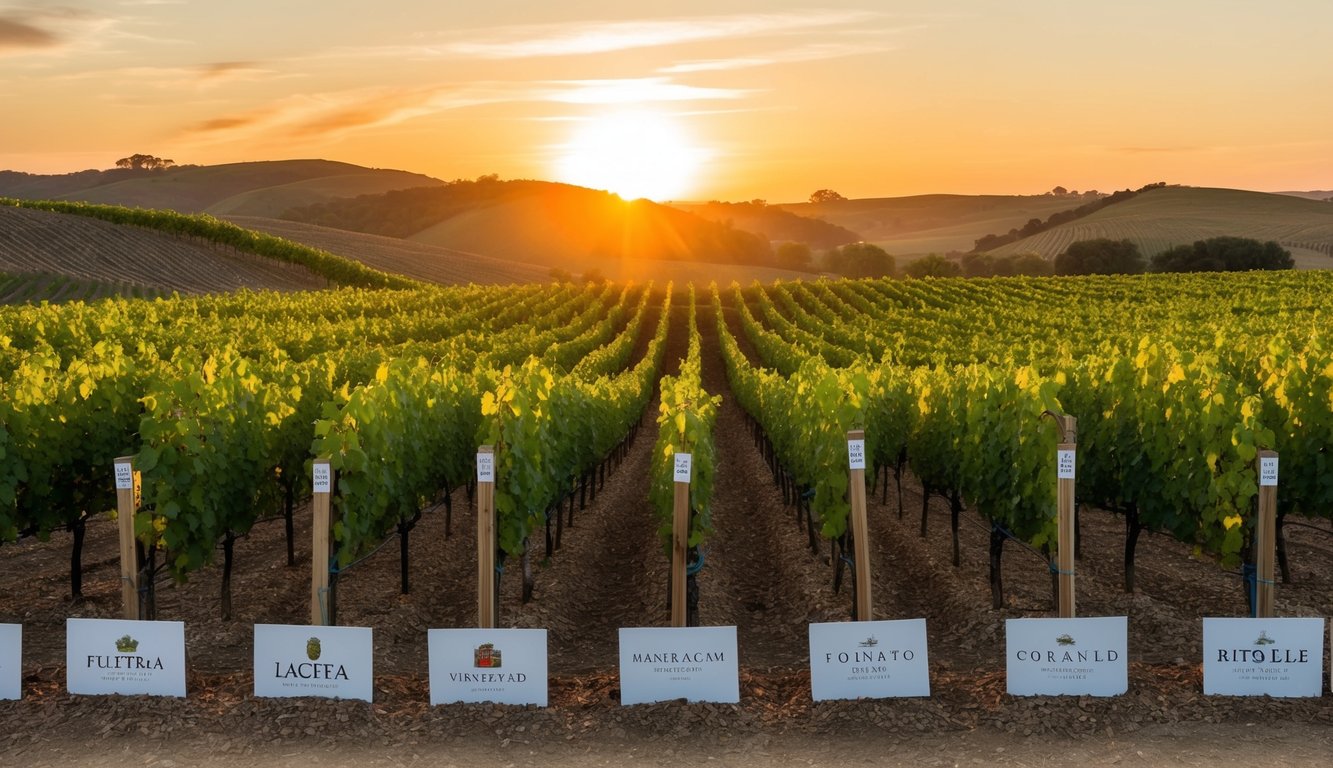 A vineyard with rows of grapevines stretching into the distance, each labeled with the name of a different wine region or brand. The sun sets behind rolling hills in the background