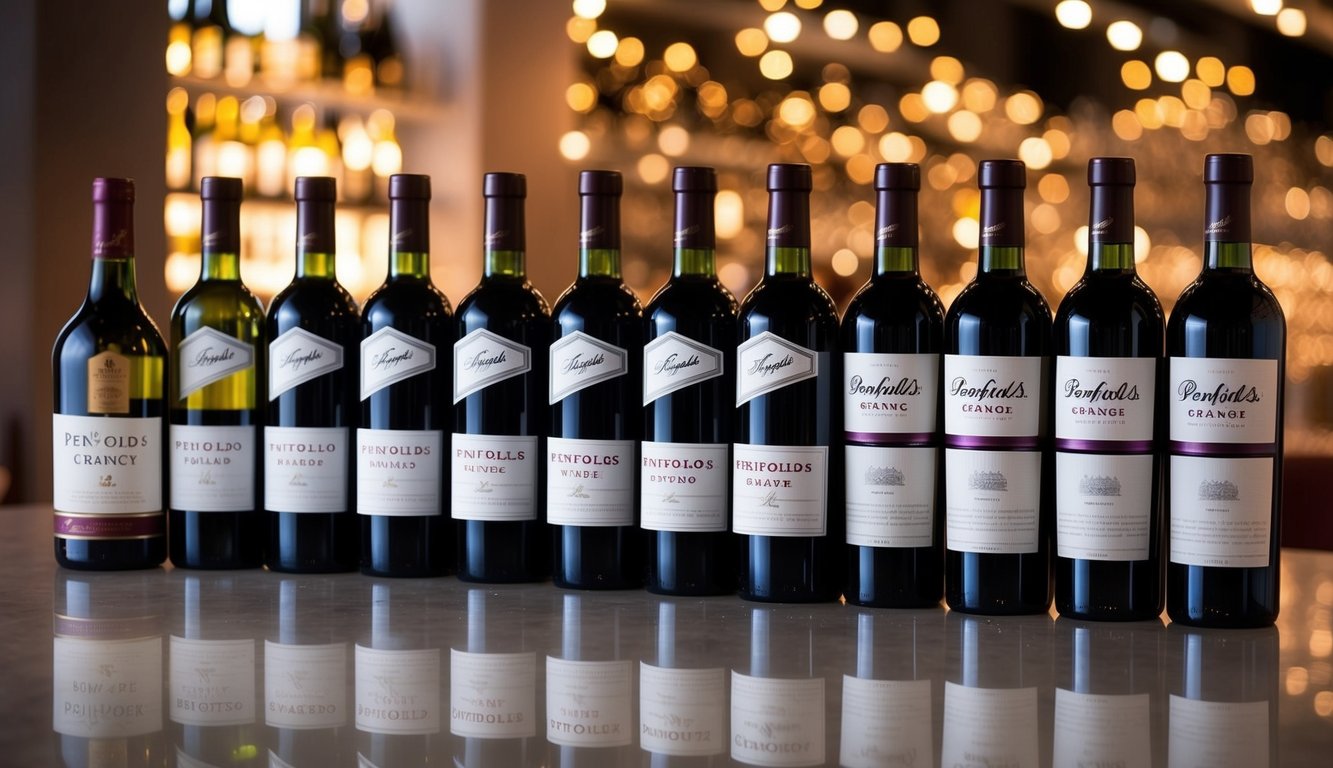 A collection of 10 bottles of Penfolds Grange wine brands arranged in a row, each with distinct labels and varying levels of wine inside