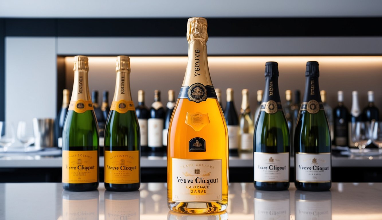 A luxurious bottle of Veuve Clicquot La Grande Dame stands on a sleek, modern bar surrounded by other upscale wine brands