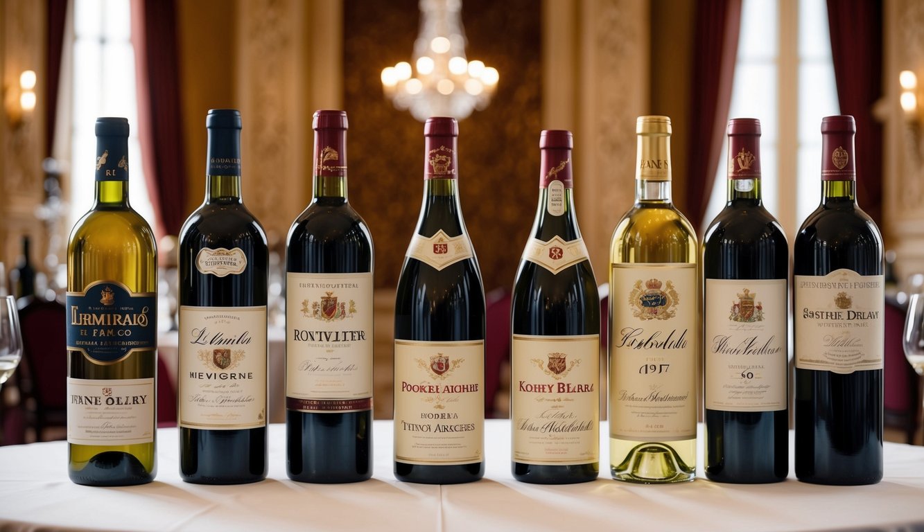 A grand table set with eight iconic wine bottles, each representing a different historic brand. Rich colors and elegant labels catch the eye