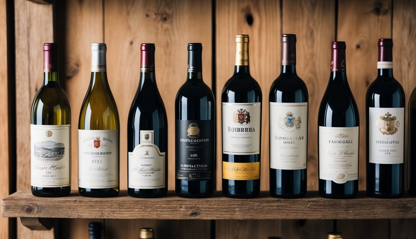 A row of eight iconic wine bottles with distinct labels and rich history displayed on a rustic wooden shelf