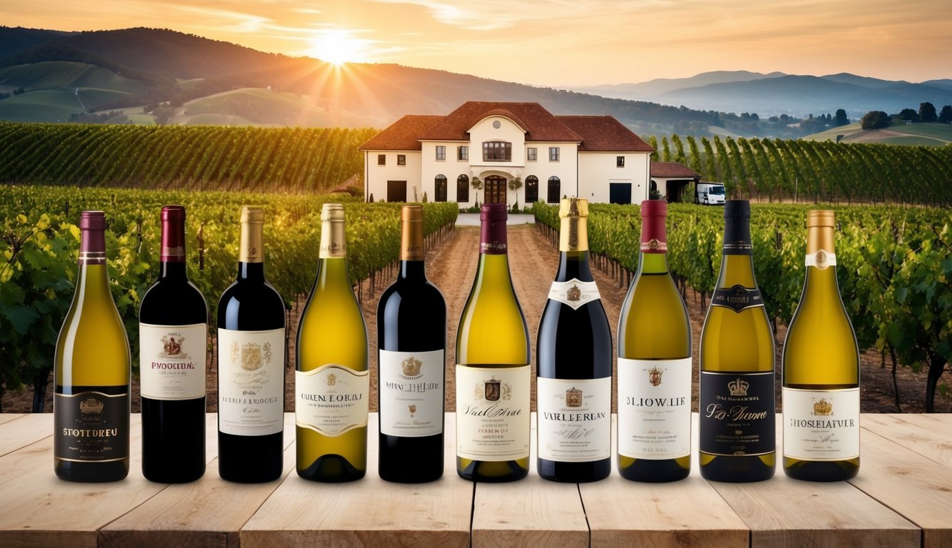 A grand display of 8 iconic wine bottles, each with a rich history, set against a backdrop of rolling vineyards and a picturesque winery