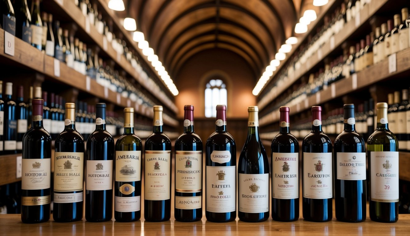 A grand hall lined with shelves of aged wine bottles from 8 iconic brands, each with a unique label and rich history