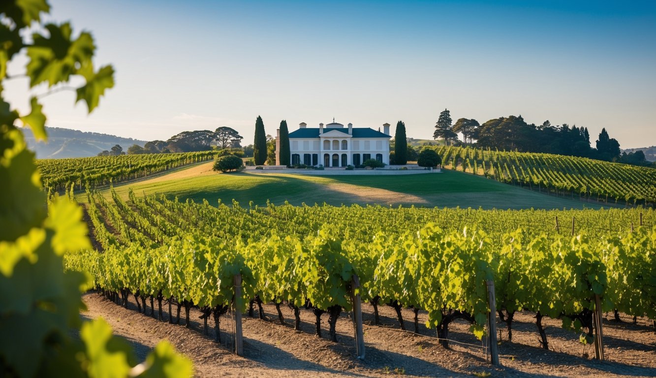 A vineyard landscape with rolling hills, rows of grapevines, and a grand estate in the background, surrounded by lush greenery and a clear blue sky