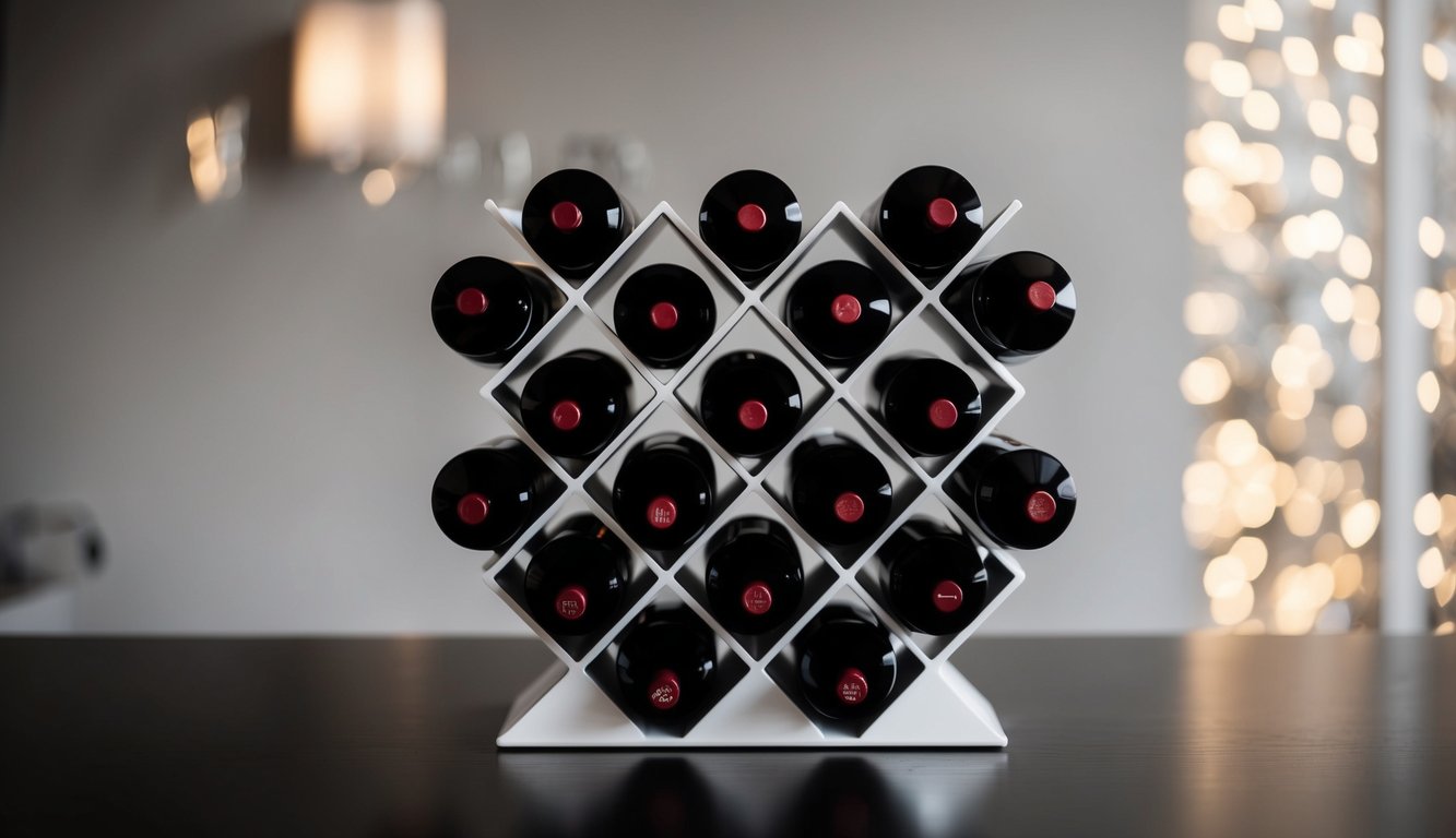 A modern wine rack with geometric shapes and sleek lines