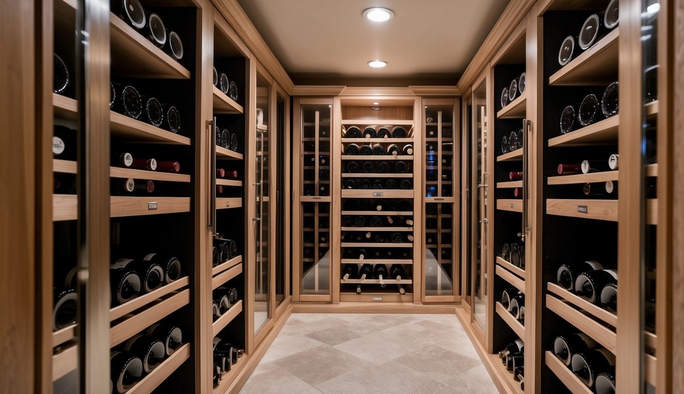 A wine cellar with various storage units, each equipped with humidity control systems