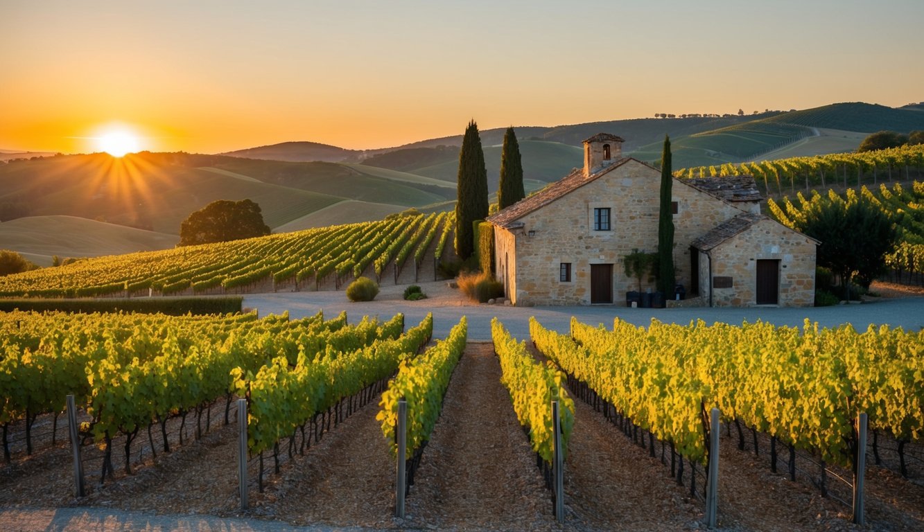 A picturesque vineyard with rolling hills, old stone buildings, and rows of grapevines under the warm glow of the setting sun