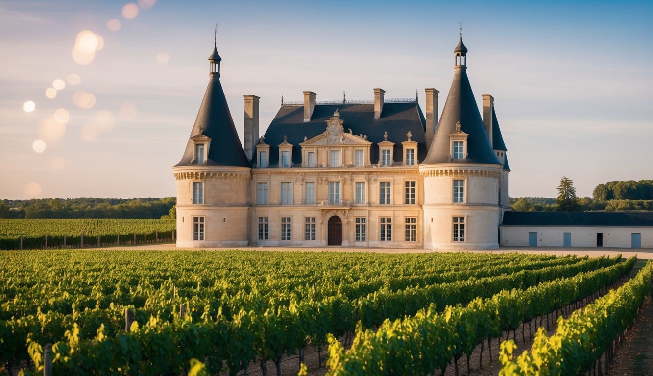 A grand château surrounded by vineyards, with a historic and prestigious atmosphere