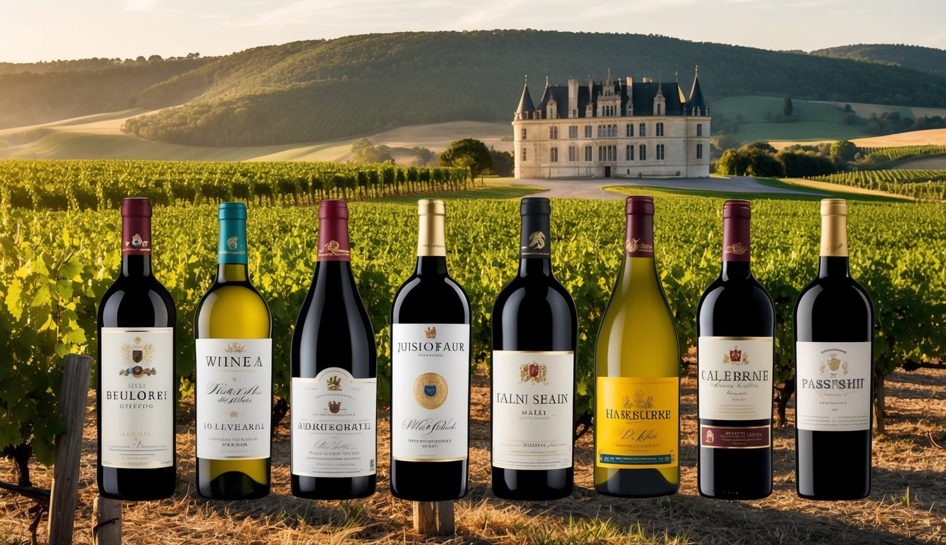 A vineyard with eight iconic wine brands' labels on display, surrounded by rolling hills and a historic chateau in the background