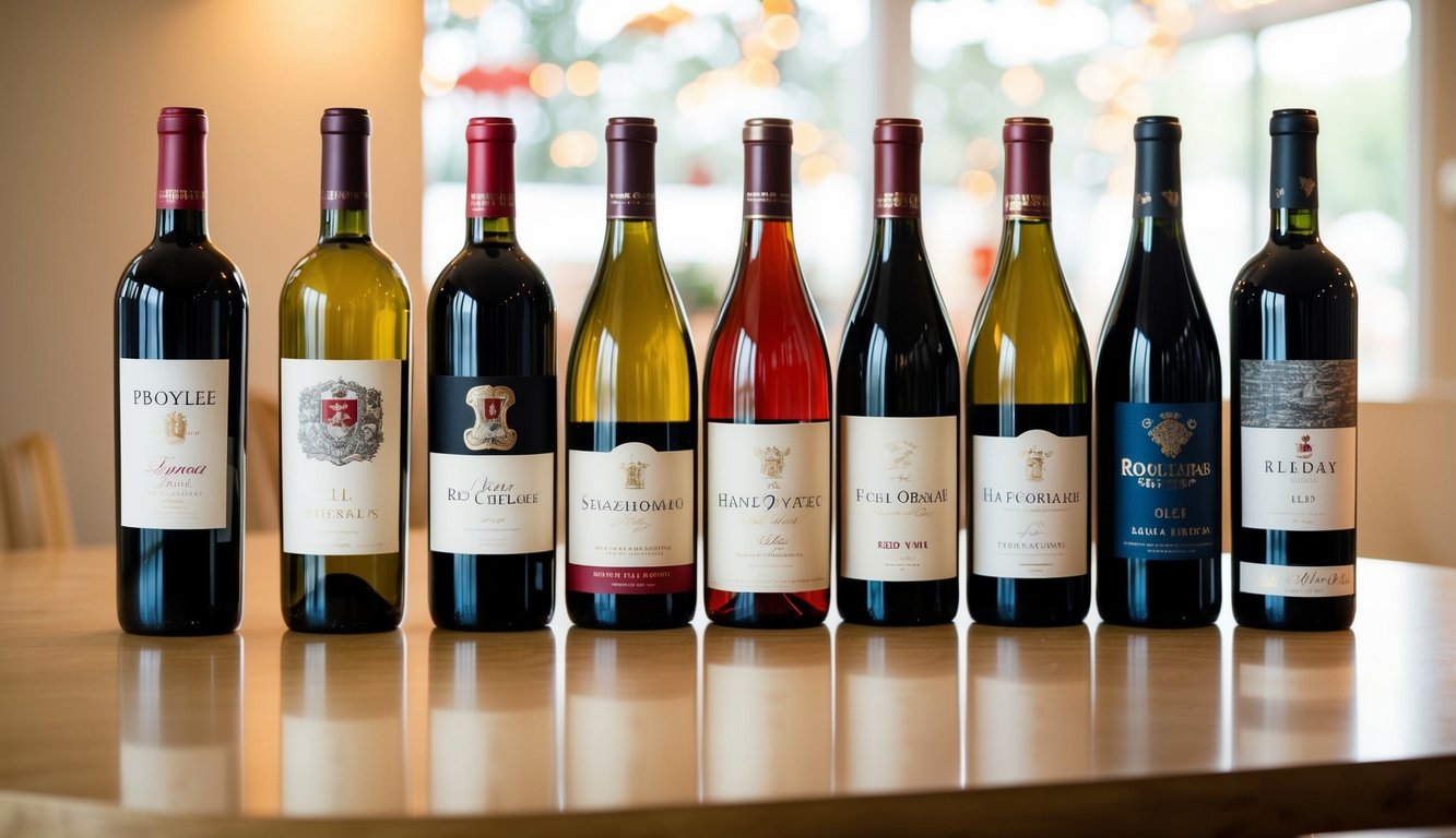 A table displaying ten different bottles of red wine, each with a unique label and color, arranged in a pleasing and inviting manner