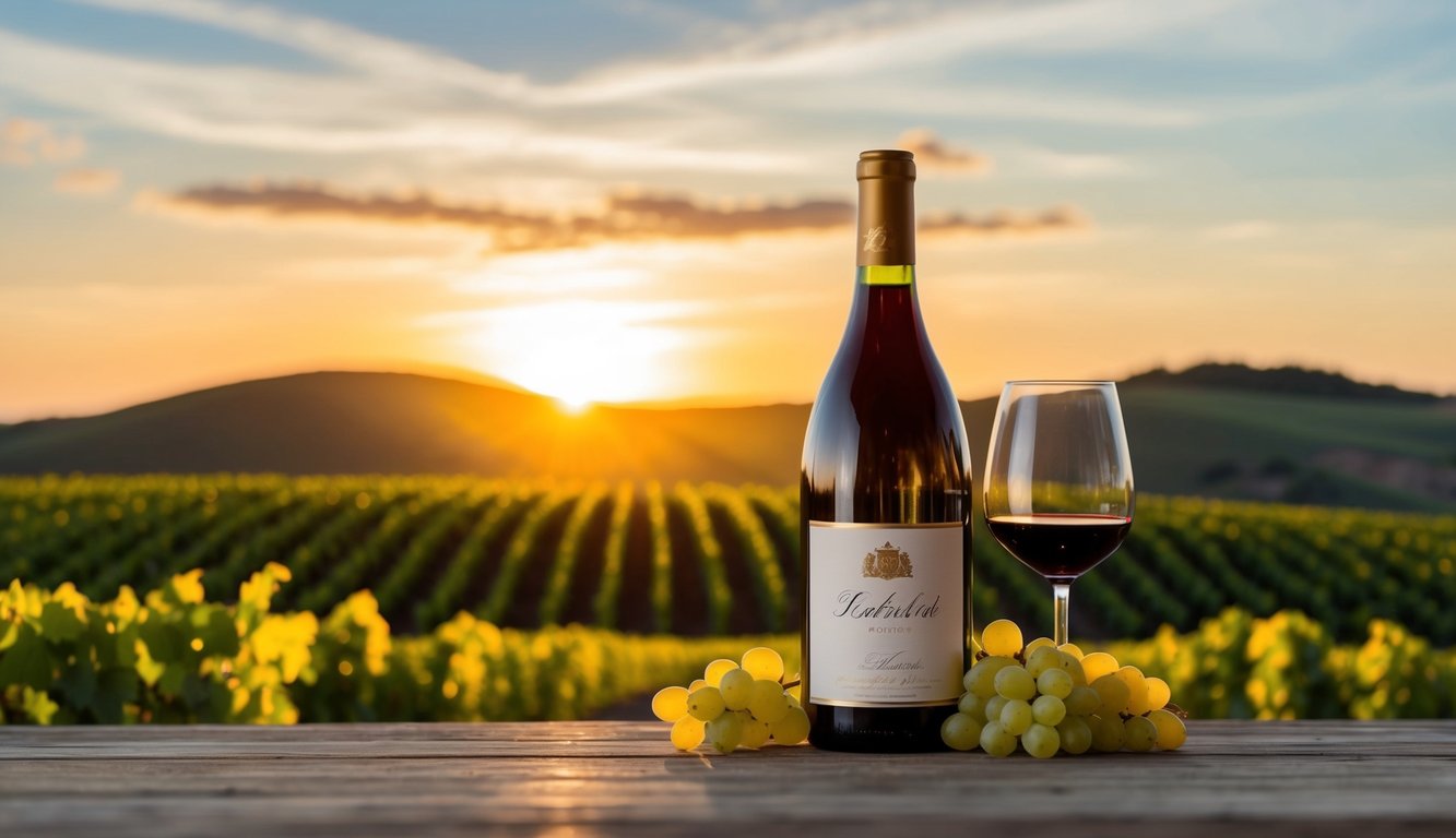 A luxurious wine bottle surrounded by vineyards and rolling hills under a golden sunset