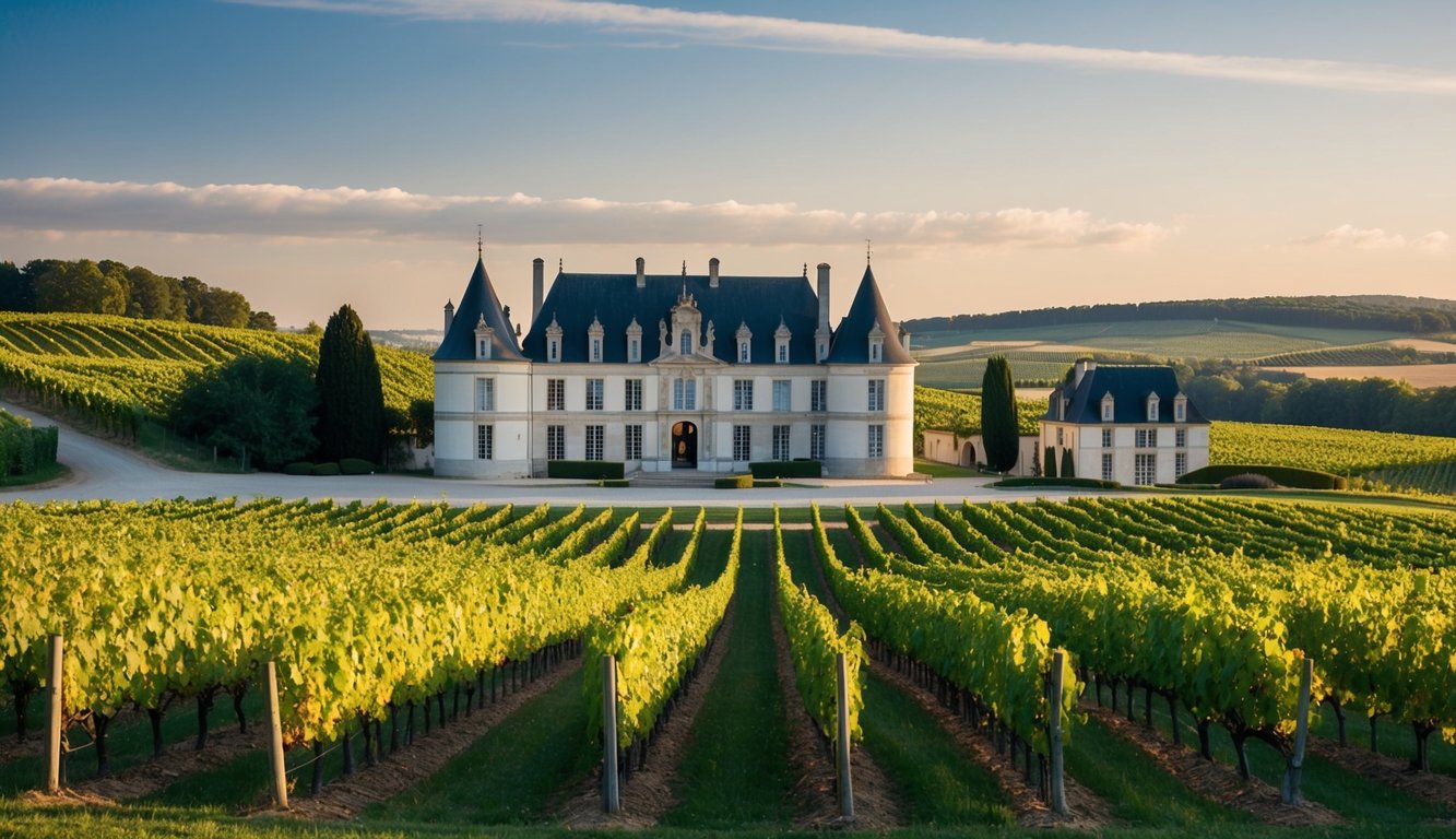 A picturesque vineyard with rolling hills, lush grapevines, and a grand chateau, showcasing the beauty of the Clos de Vougeot winery