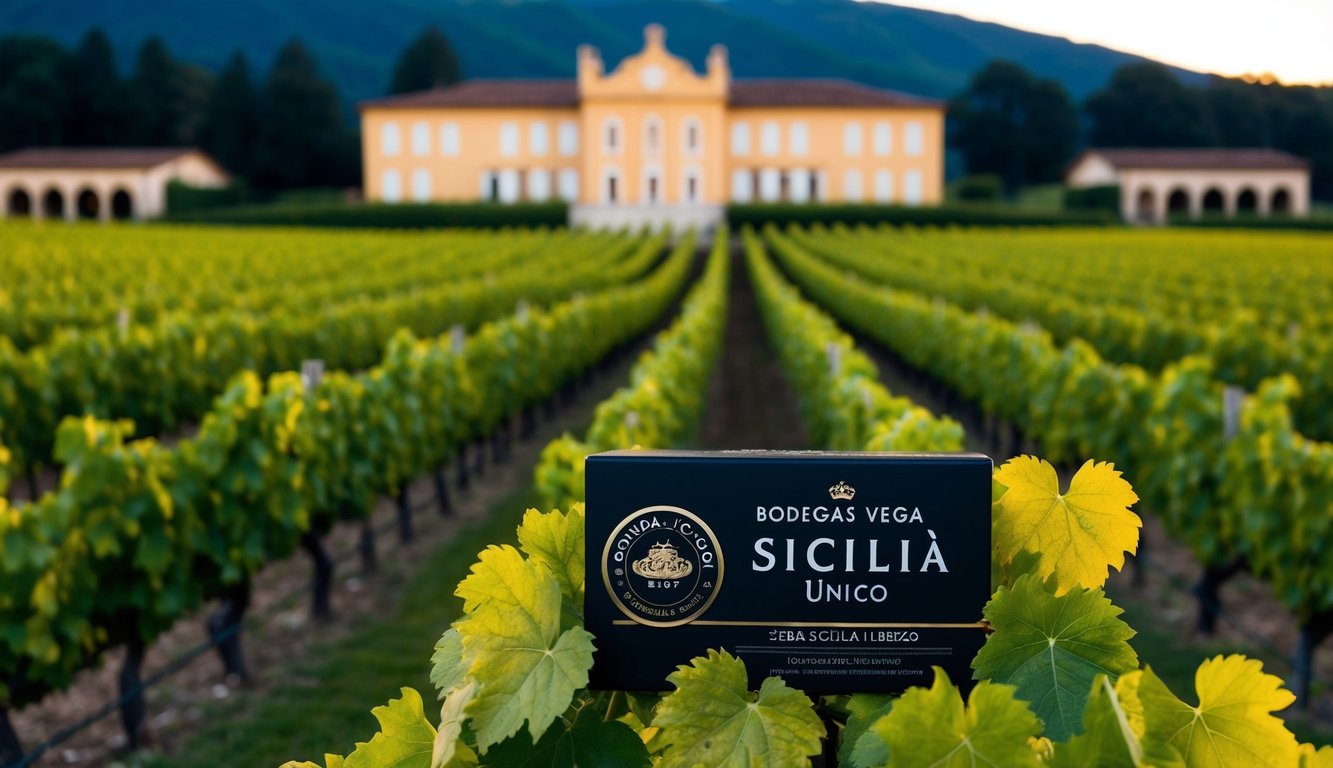 A lush vineyard with rows of grapevines stretching into the distance, a grand winery building in the background, and the iconic Bodegas Vega Sicilia Único label prominently displayed