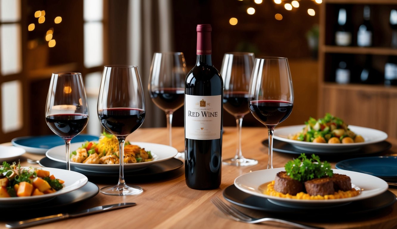 A table set with various dishes and glasses of red wine, showcasing the top 10 red wine brands for every palate