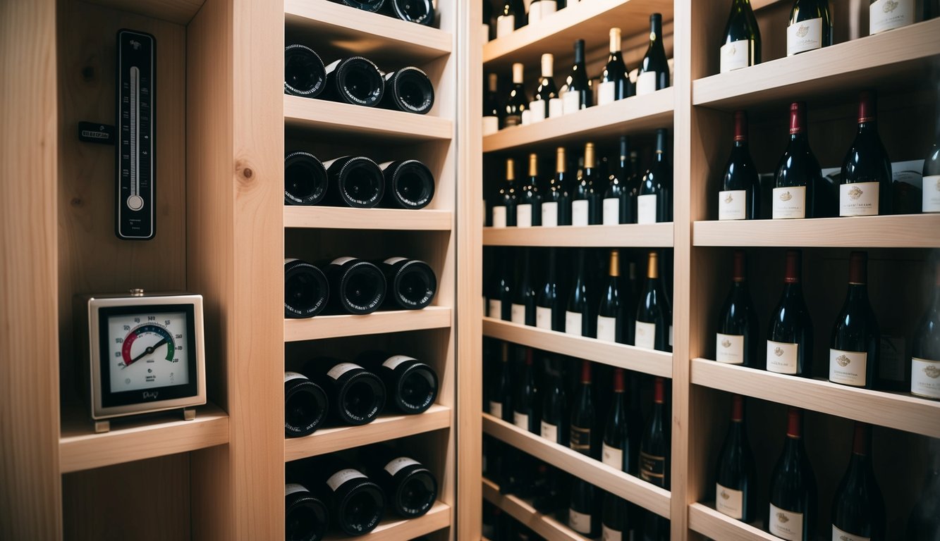 A wine cellar with a humidity control system, shelves of aging bottles, and a temperature gauge