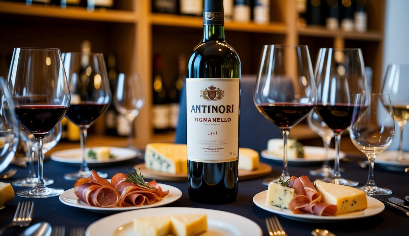 A table set with a bottle of Antinori Tignanello surrounded by various wine glasses and a selection of charcuterie and cheese