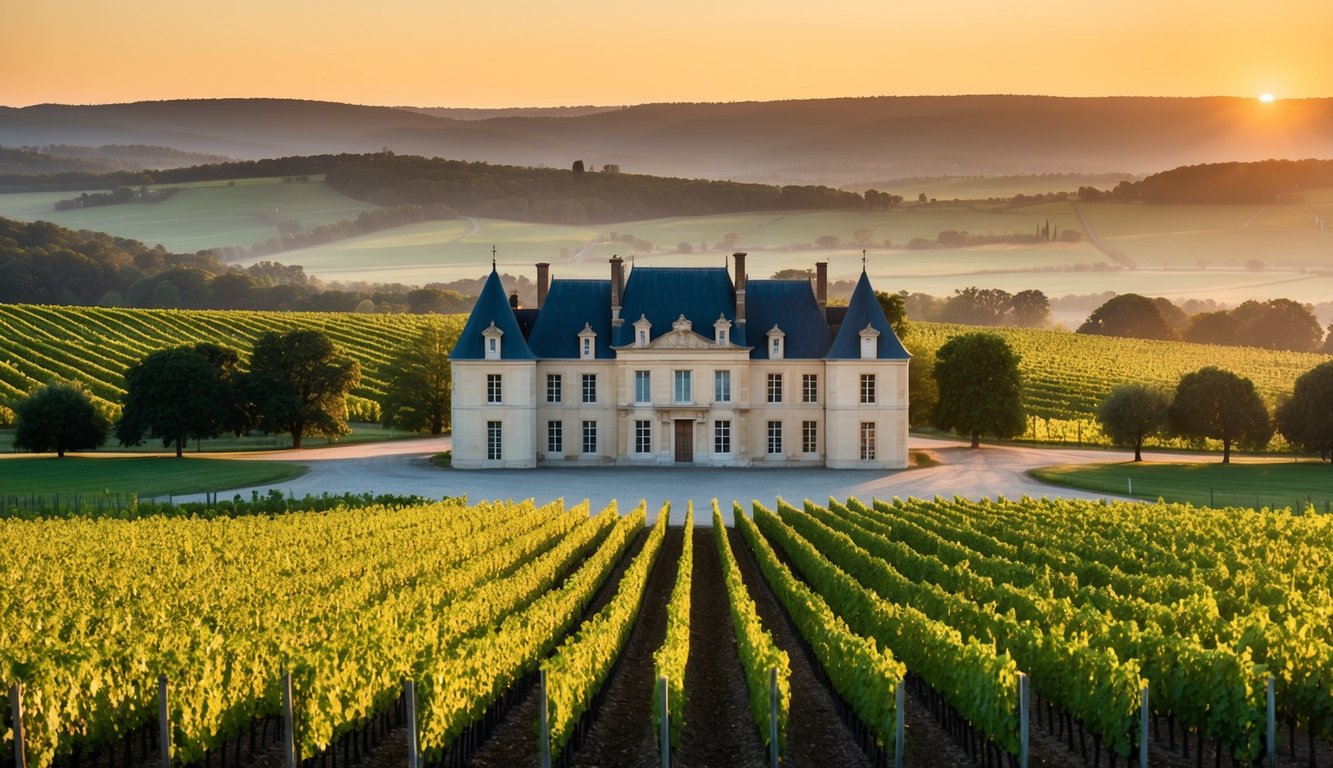 A grand chateau overlooks lush vineyards, with rows of grapevines stretching towards the horizon. A warm, golden sun sets behind the rolling hills, casting a soft glow over the picturesque landscape