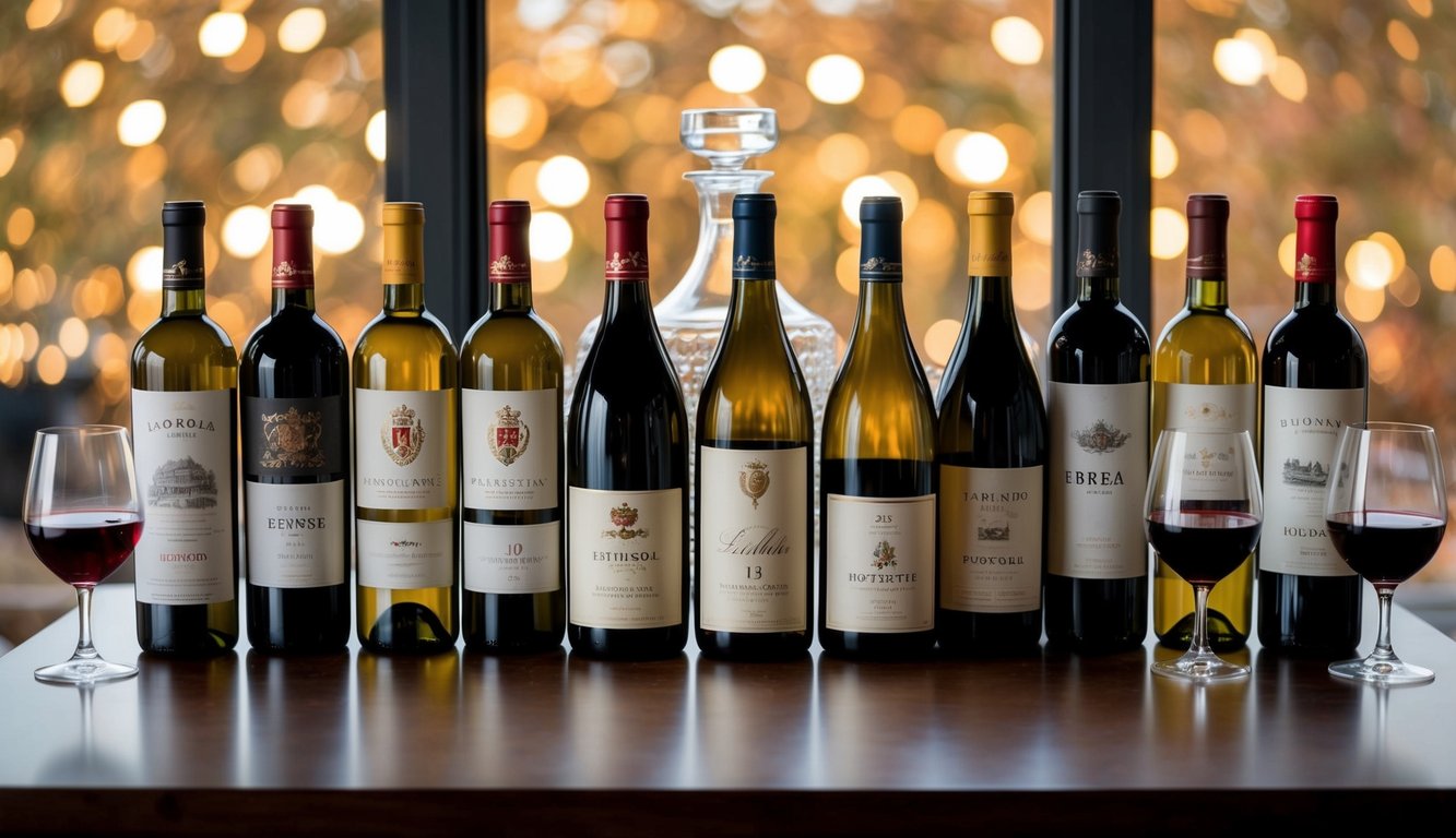 A table with 10 bottles of red wine from different varieties, each with distinct labels and colors, arranged neatly with wine glasses and a decanter