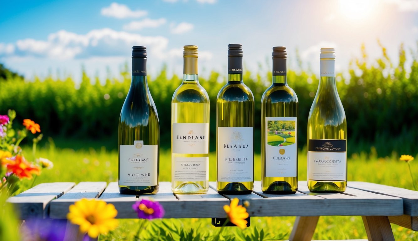 A picnic table with five different bottles of white wine, surrounded by greenery and colorful flowers, under a bright, sunny sky