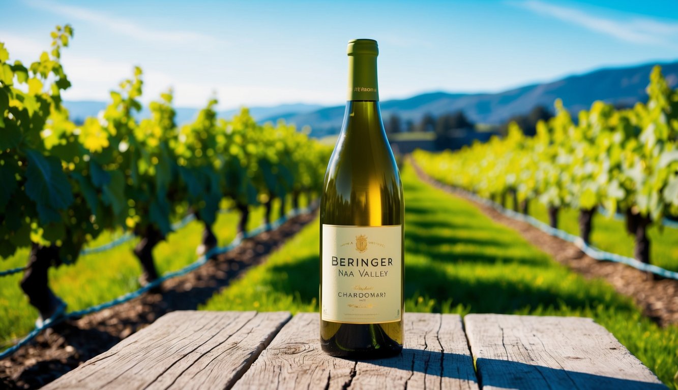 A sunny vineyard with rows of lush green grapevines, a clear blue sky, and a bottle of Beringer Napa Valley Chardonnay on a rustic wooden table