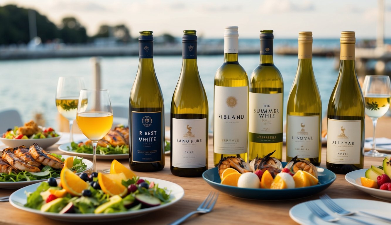 A table set with a variety of summer dishes such as salads, grilled seafood, and fresh fruits, accompanied by bottles of the 5 best white wine brands for summer