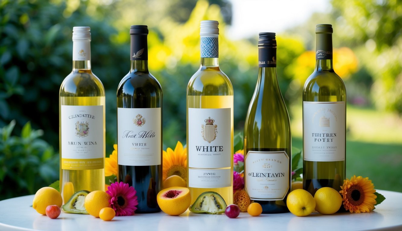 A table with five different bottles of white wine, each with a distinct label, surrounded by vibrant summer fruits and flowers