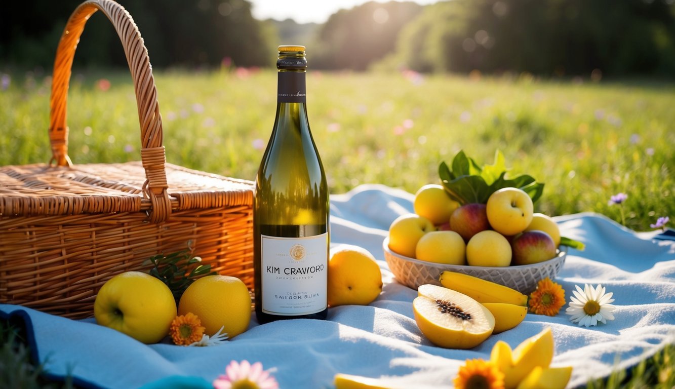 A picnic blanket with a bottle of Kim Crawford Sauvignon Blanc, surrounded by fresh fruits and flowers, under the warm summer sun