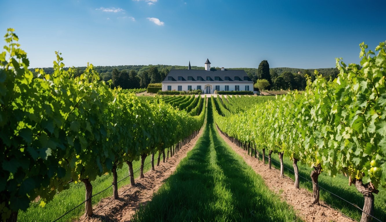 A serene vineyard with rows of lush green grapevines under a clear blue sky, with the Domaine Vacheron winery in the background