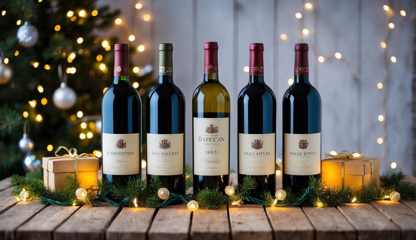 Five elegant wine bottles arranged on a rustic wooden table, surrounded by festive decorations and twinkling lights