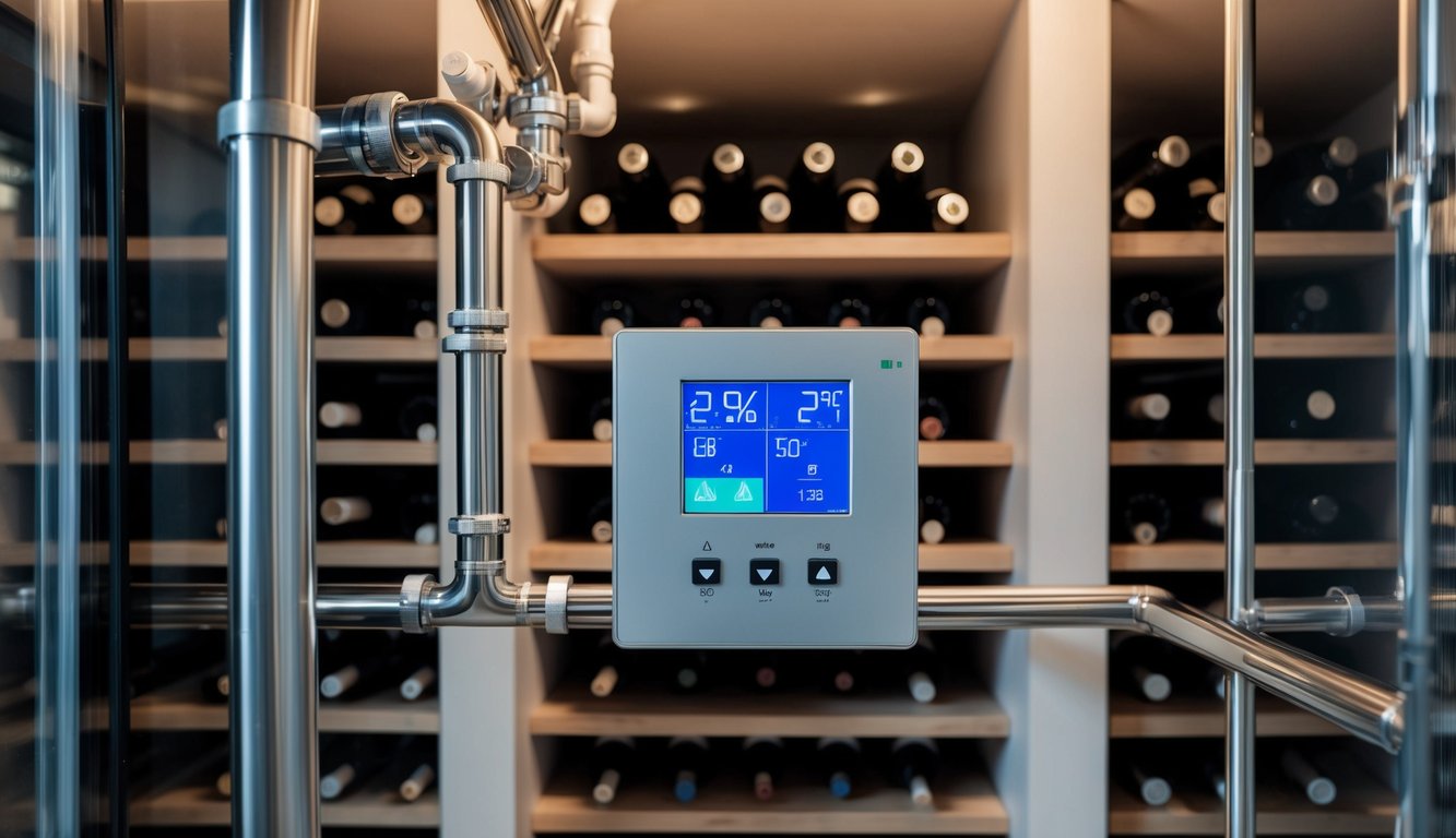 A wine cellar with a temperature and humidity control system, featuring a digital display and a series of pipes and vents